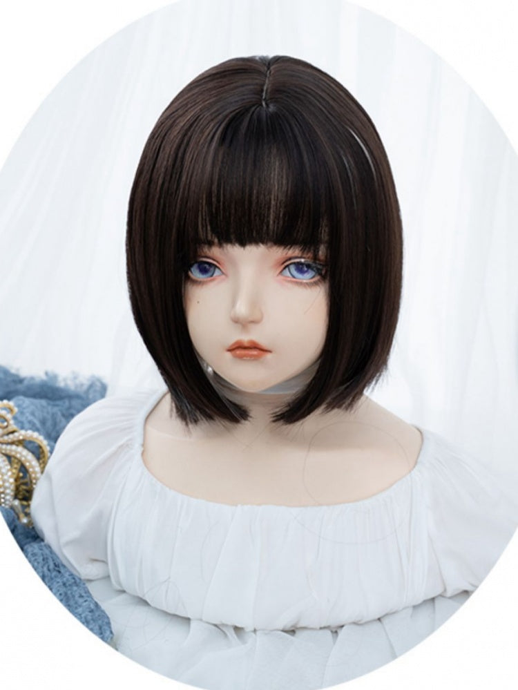 Black Brown and Grey Highlight Hair Color Bob Cut Straight Synthetic Wig