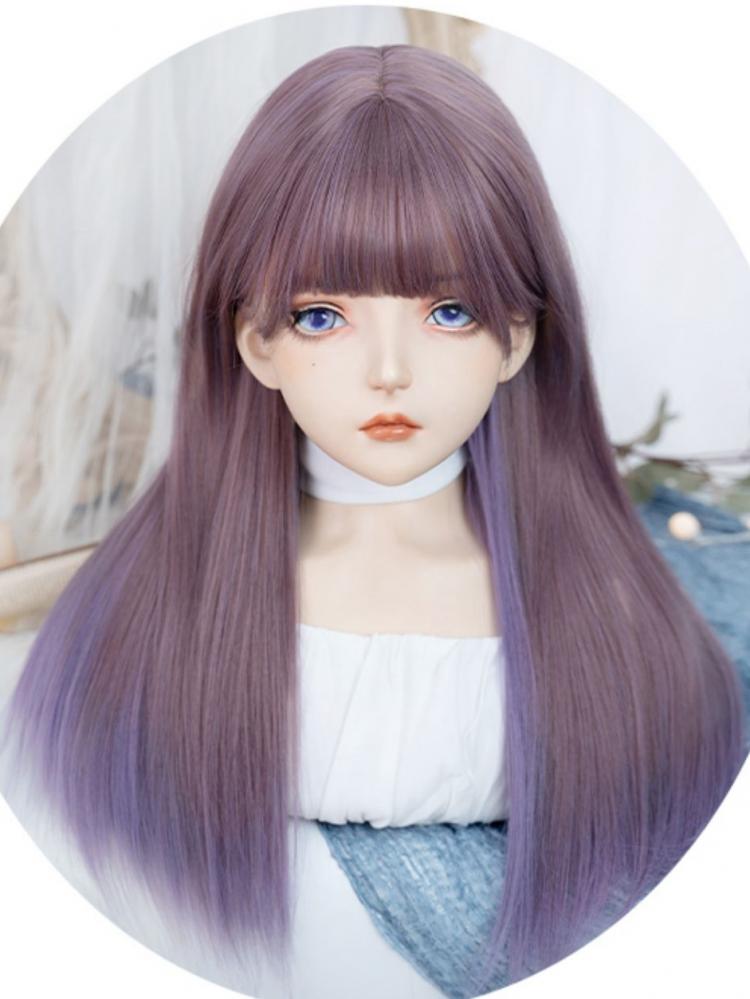 Purple Highlight Hair Color Medium Length Synthetic Straight Wig with Full Bangs