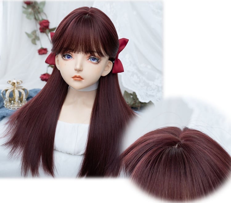 Dark Red Long Straight Synthetic Wig with Full Bangs