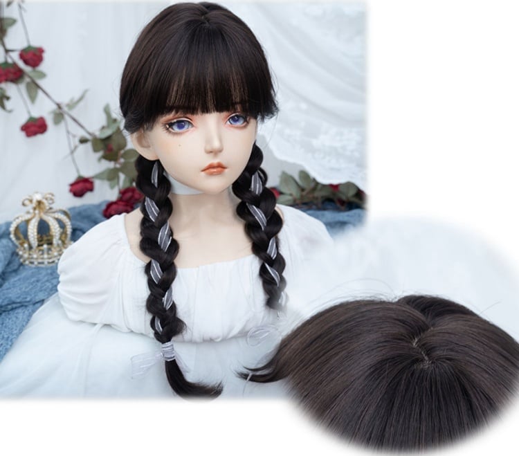 Black Tea Long Wavy Synthetic Wig with Full Bangs