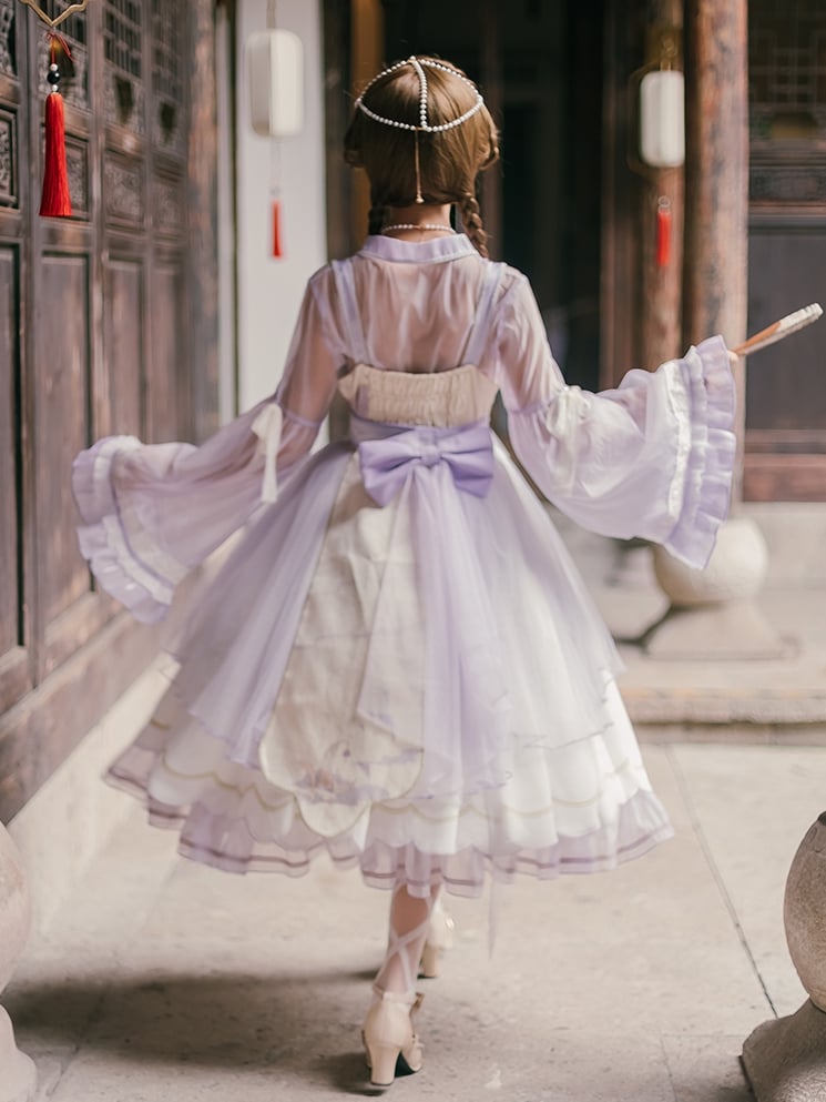 In Stock Night and Warbler Chinoiserie Style Han Lolita JSK+Long Flounce Bell Sleeves Blouse Set