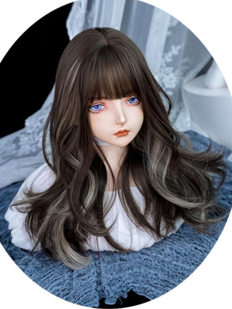 Grey Highlight Hair Color Brown Medium Length Wavy Synthetic Wig