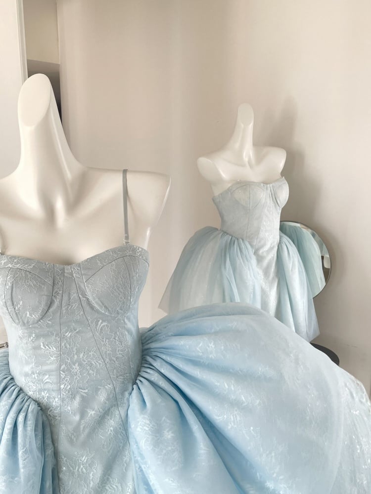 Baby Blue Balletcore Lace Bustier Dress Basque Waist