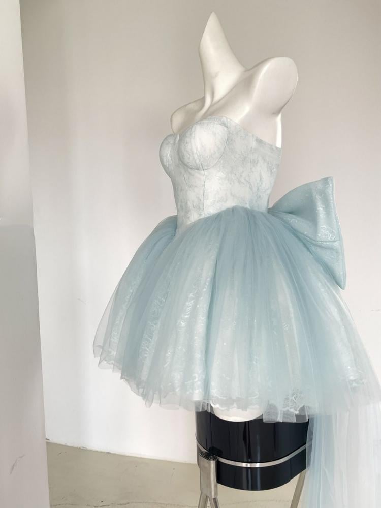 Baby Blue Balletcore Lace Bustier Dress+ Big Bow Train Set