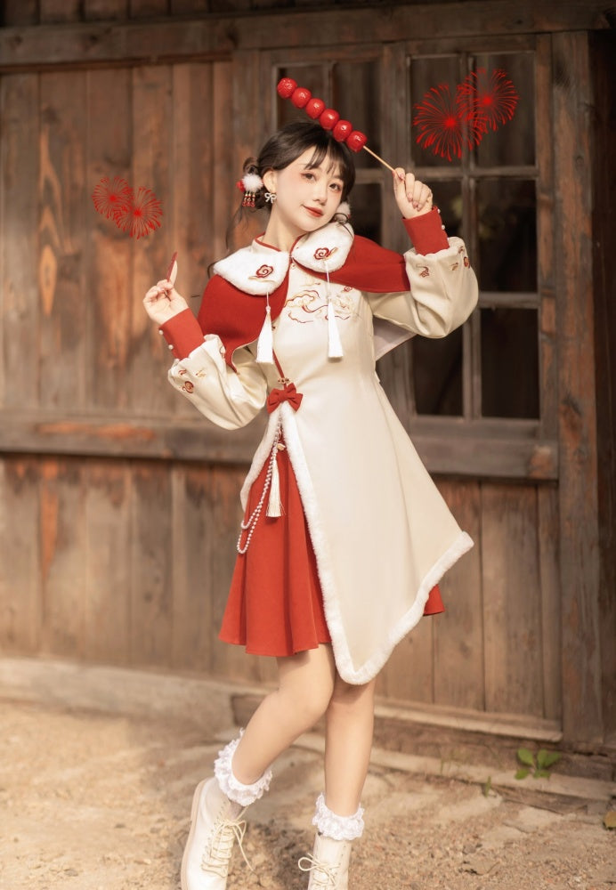 Auspicious Clouds Embroidey Plush Trim Hemline Qi Lolita Dress + Cape Set