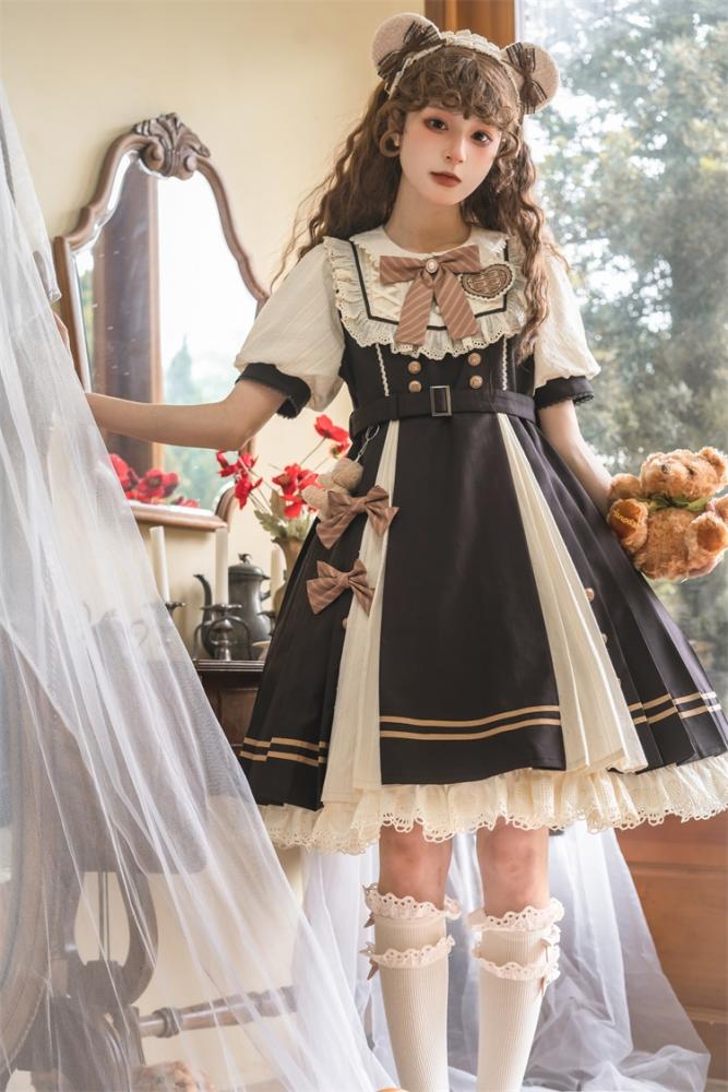 Dark Brown Peter Pan Collar One Piece with Bear Charm