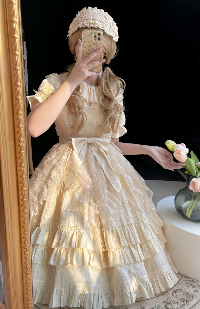 Girl Nelly Beige Tiered Ruffle Hem Round Neck High Waist Jumper Skirt