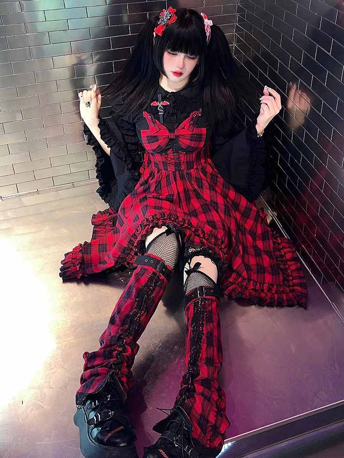 Scarlet Red Plaid Punk Jumper Skirt Handkerchief Hem Idol Dress