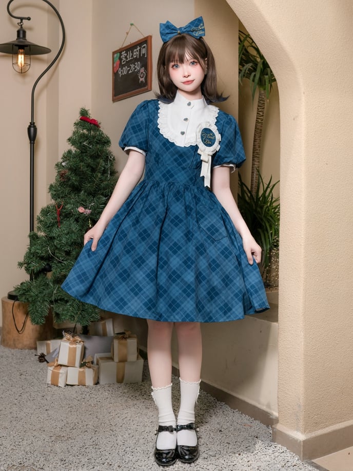 Blue Plaid Pattern Dress Puff Sleeves One Piece