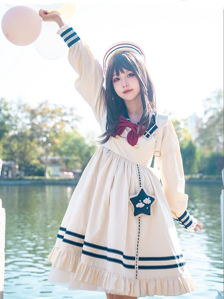 Cloud Embroidery Sailor Collar Dress Beige and Dark Blue One Piece