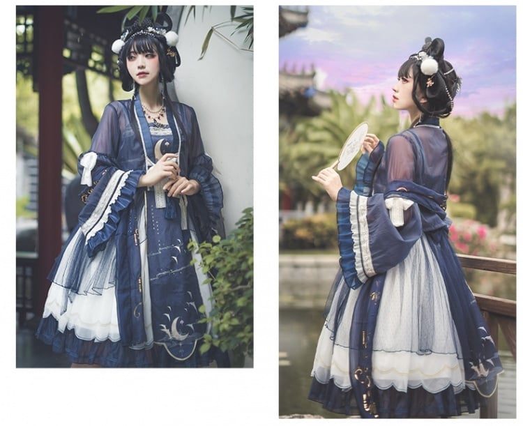 In Stock Night and Warbler Chinoiserie Style Han Lolita JSK+Long Flounce Bell Sleeves Blouse Set