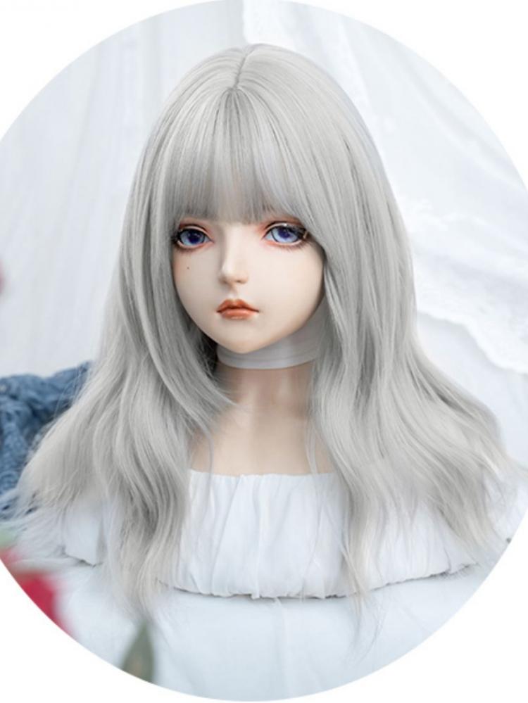 Silver Long Wavy Synthetic Wig with Full Bangs