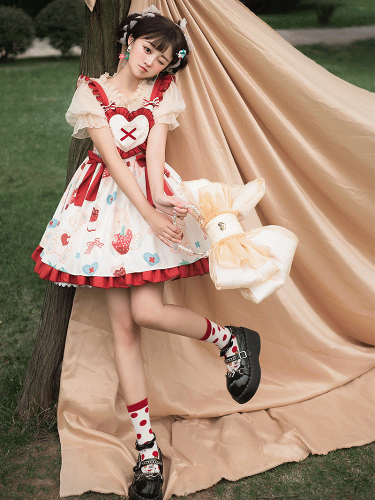 Bear and Strawberry Print Ruffle Trim Heart-shaped Bodice Jumper Skirt