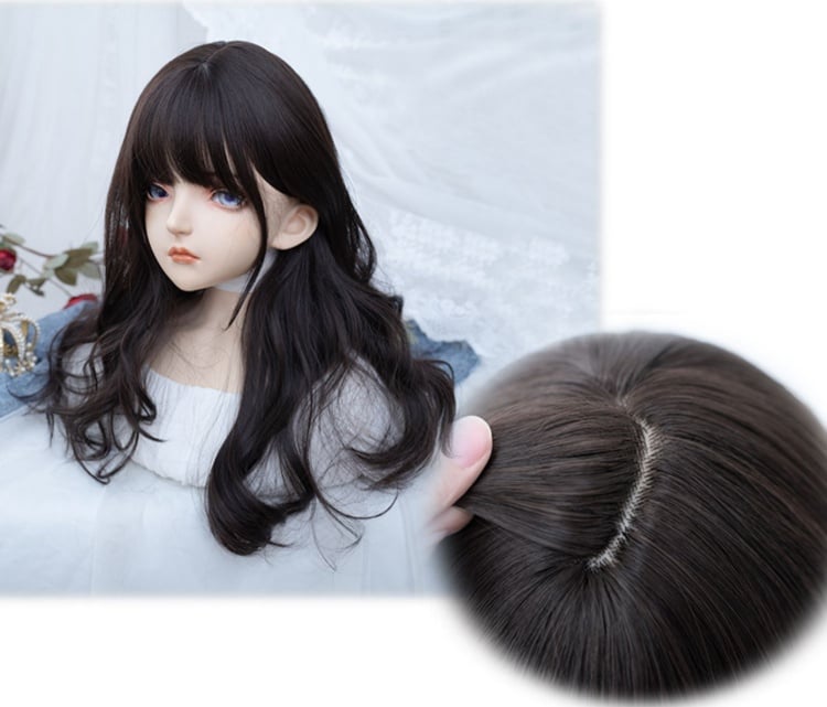 Black Tea Long Wavy Synthetic Wig with Full Bangs