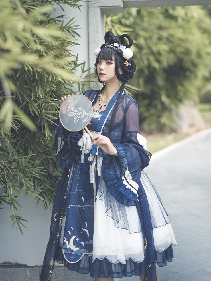 In Stock Night and Warbler Chinoiserie Style Han Lolita JSK+Long Flounce Bell Sleeves Blouse Set