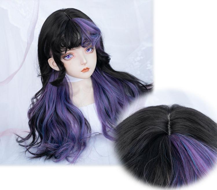 Black and Purple Highlight Hair Color Long Wavy Synthetic Wig