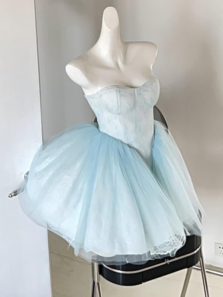 Baby Blue Balletcore Lace Bustier Dress+ Big Bow Train Set