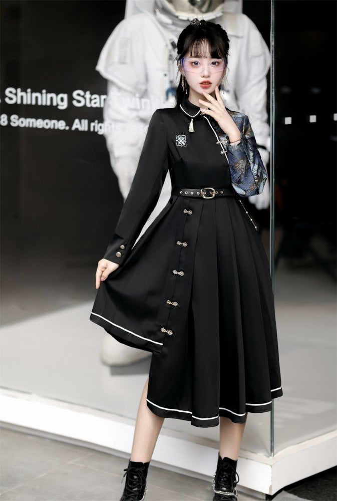 Asymmetrical Hem Skirt Black One Piece Long Sleeves Qi Dress