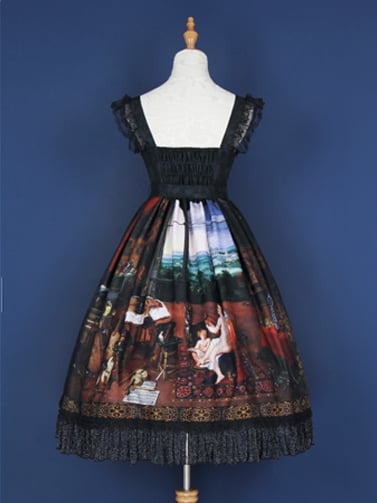 Fable Romance Ode Black Sweetheart Neckline Oil Painting Print Lolita JSK