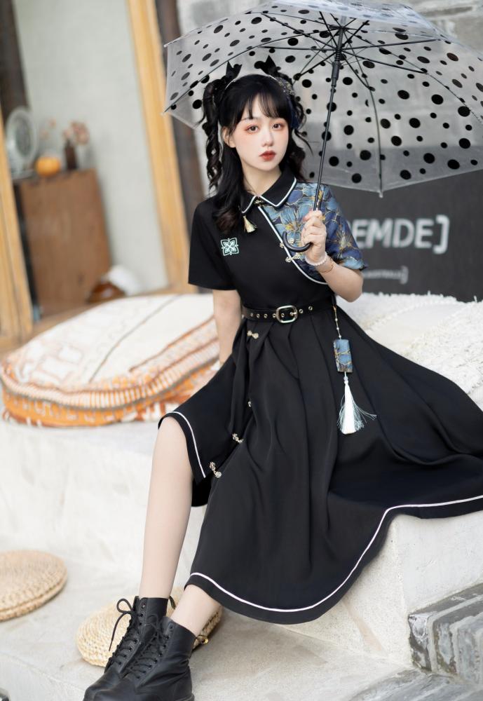 Asymmetrical Hem Skirt Black One Piece Short Sleeves Qi Dress