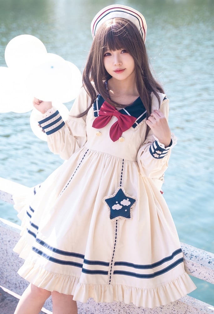 Cloud Embroidery Sailor Collar Dress Beige and Dark Blue One Piece