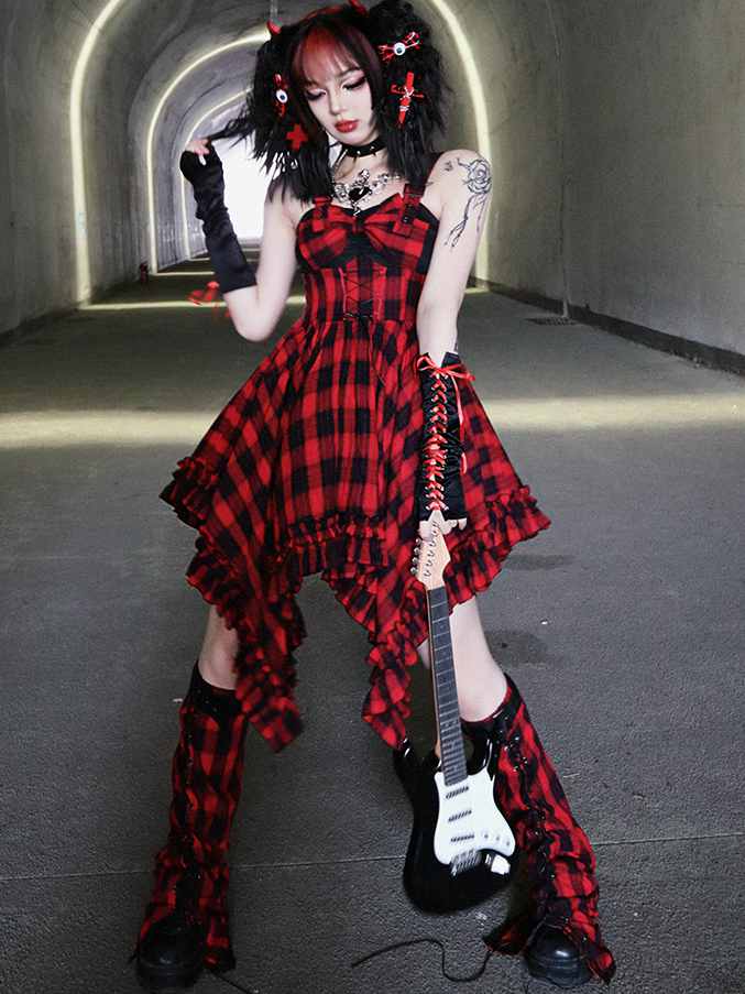 Scarlet Red Plaid Punk Jumper Skirt Handkerchief Hem Idol Dress