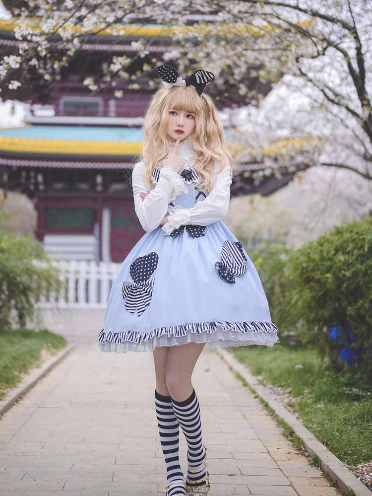 Alice's Candy Rounded Flat Collar Natural Waist Ruffle Hem Jumper Skirt/JSK+Sash Set