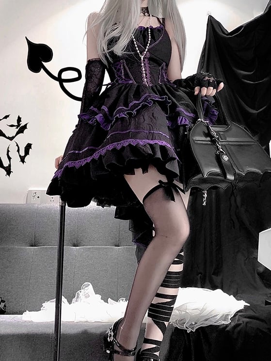 Black and Purple Lace-up Detail Gothic Jumper Skirt With Bow Train Halloween Dress