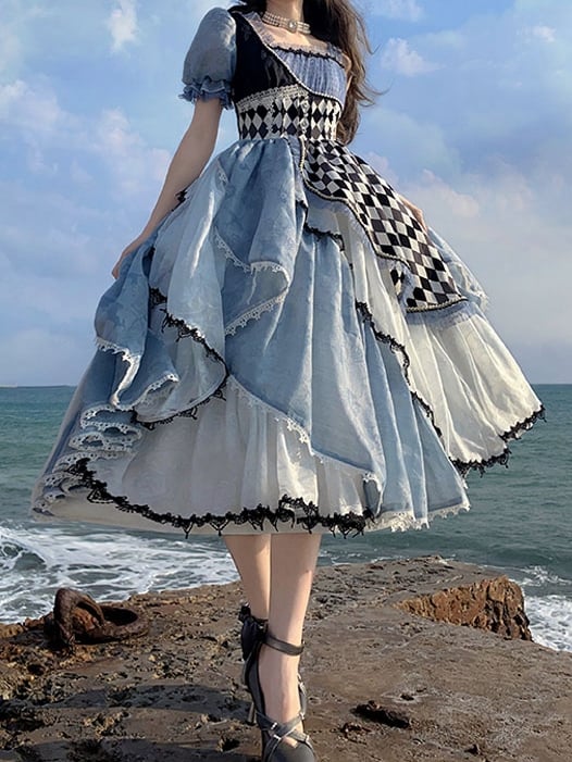 Asymmetrical Sleeves Blue and Black Chess Pattern One Piece Alice in Wonderland Vibes