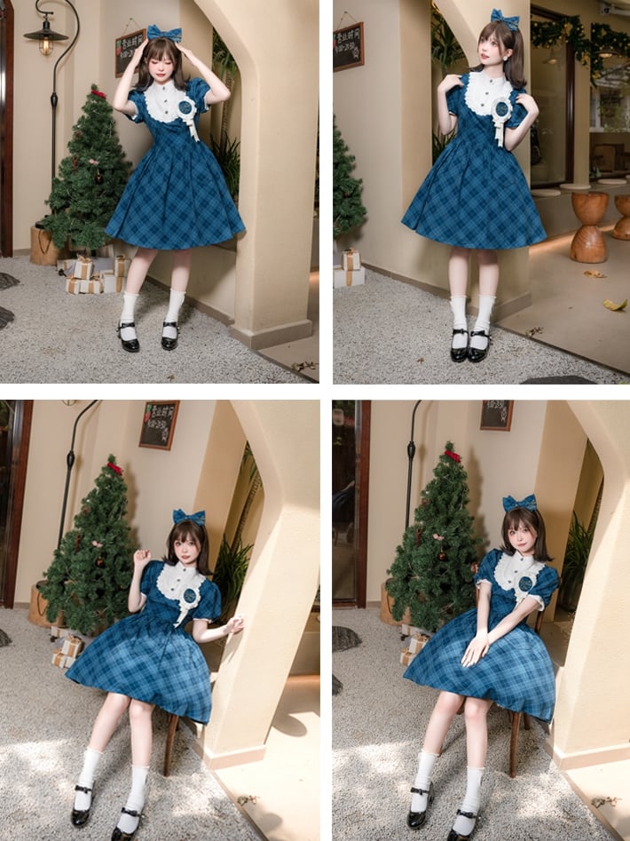 Blue Plaid Pattern Dress Puff Sleeves One Piece