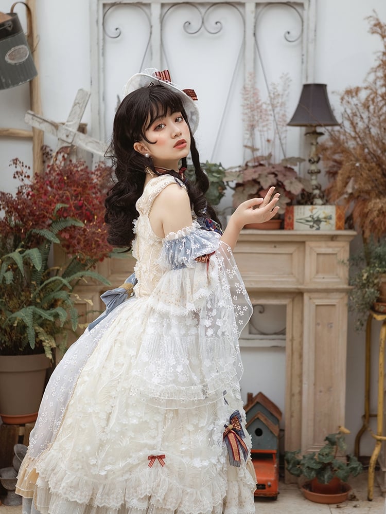 Fairy Tale Books Bowknot Details Floral Pattern Ruffle Hem Lolita OP