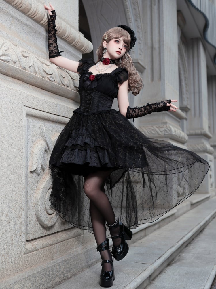 Black Ruffle Skirt with Overlay Gothic Jumper Skirt