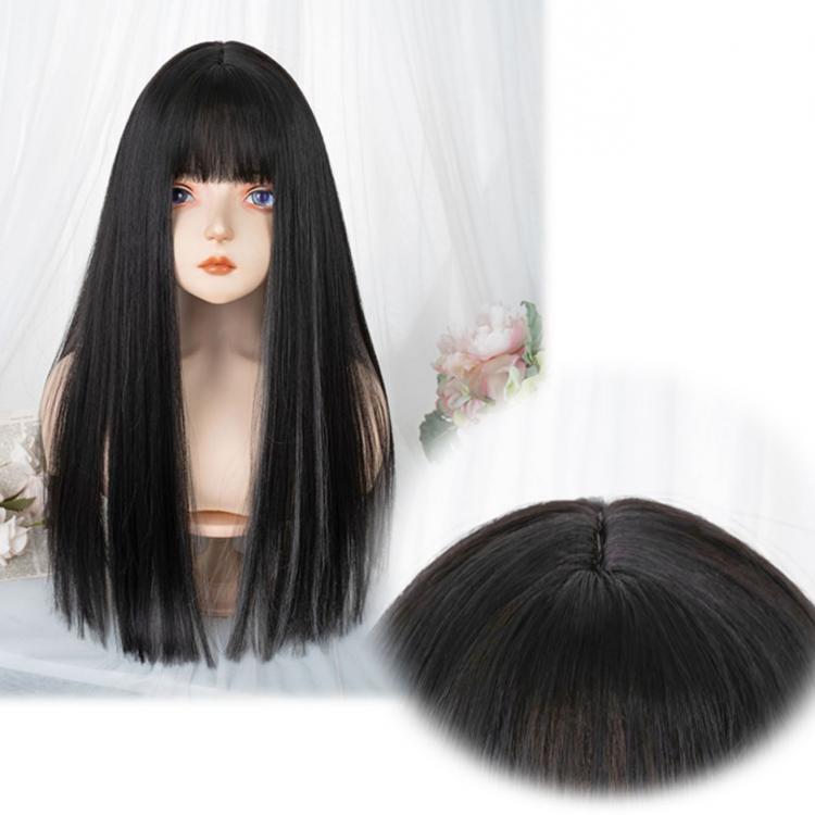 Grey Highlight Hair Color Black Medium Length Synthetic Straight Wig with Full Bangs