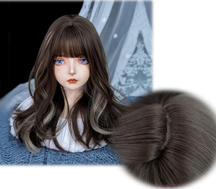 Grey Highlight Hair Color Brown Medium Length Wavy Synthetic Wig