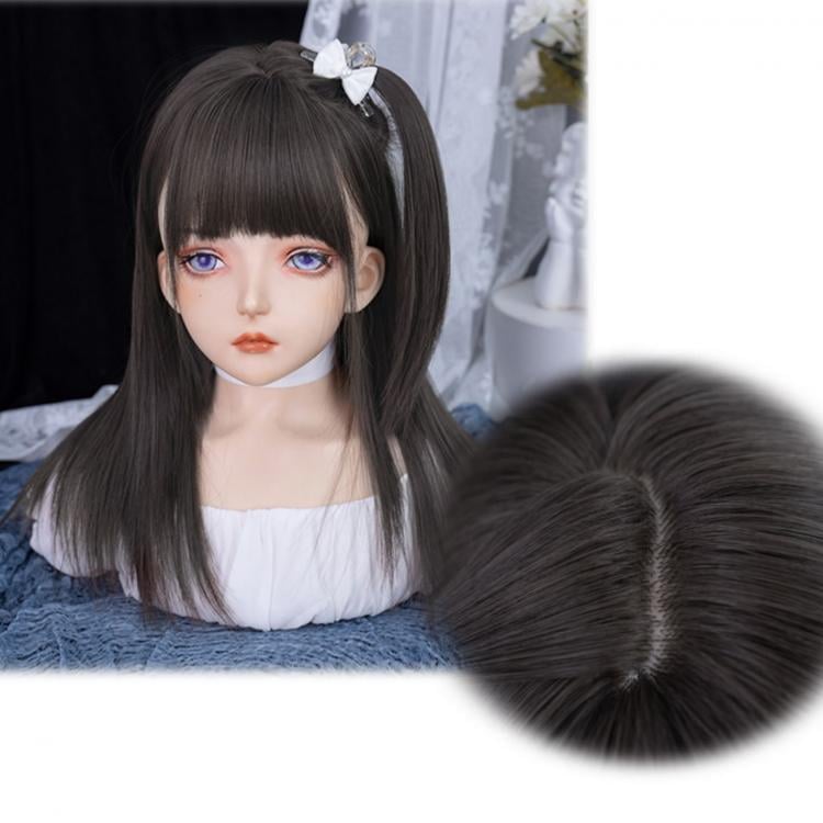 Black Tea Medium Length Synthetic Straight Wig with Full Bangs