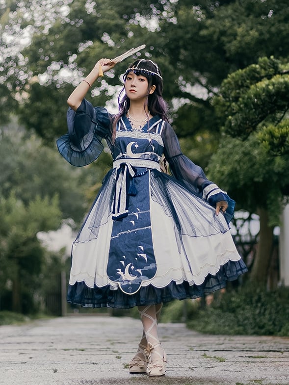 In Stock Night and Warbler Chinoiserie Style Han Lolita JSK+Long Flounce Bell Sleeves Blouse Set