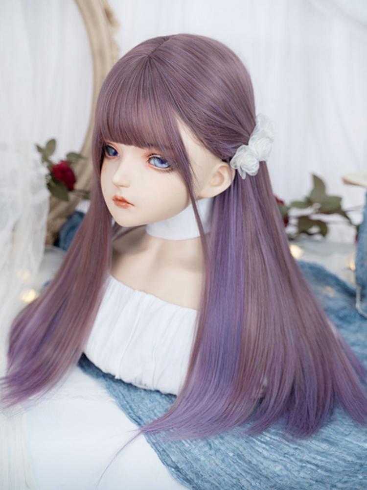 Purple Highlight Hair Color Medium Length Synthetic Straight Wig with Full Bangs