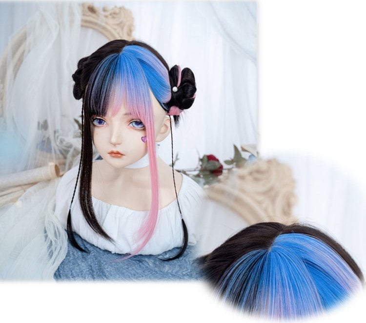 Blue and Pink Highlight Hair Color Black Long Straight Synthetic Wig