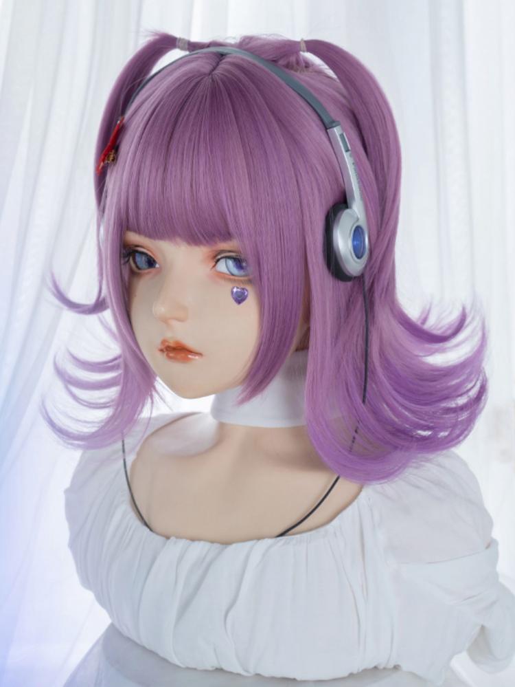 Purple Bob Cut Chin Length Curly Synthetic Wig Halloween Wig