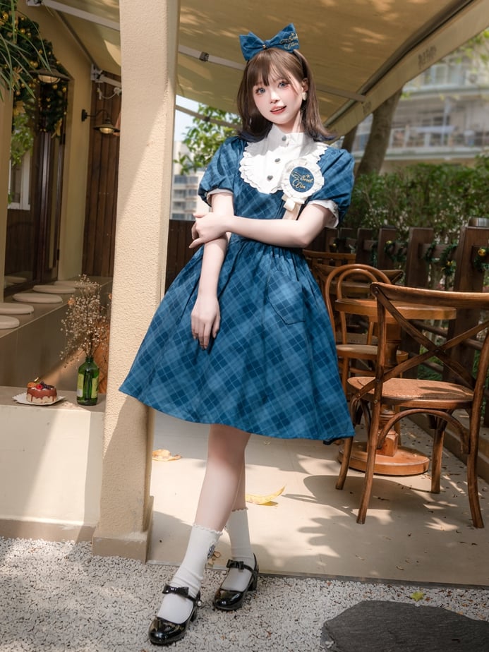 Blue Plaid Pattern Dress Puff Sleeves One Piece