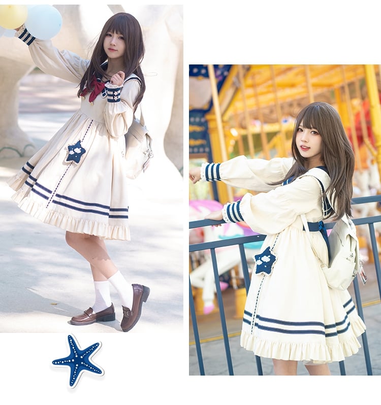 Cloud Embroidery Sailor Collar Dress Beige and Dark Blue One Piece