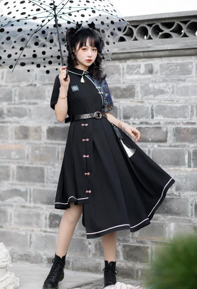 Asymmetrical Hem Skirt Black One Piece Short Sleeves Qi Dress