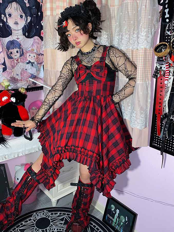 Scarlet Red Plaid Punk Jumper Skirt Handkerchief Hem Idol Dress