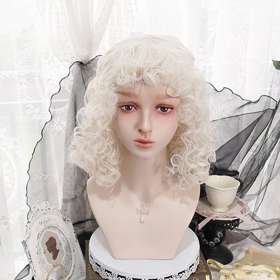 White Mid Length Wool Curly Wig