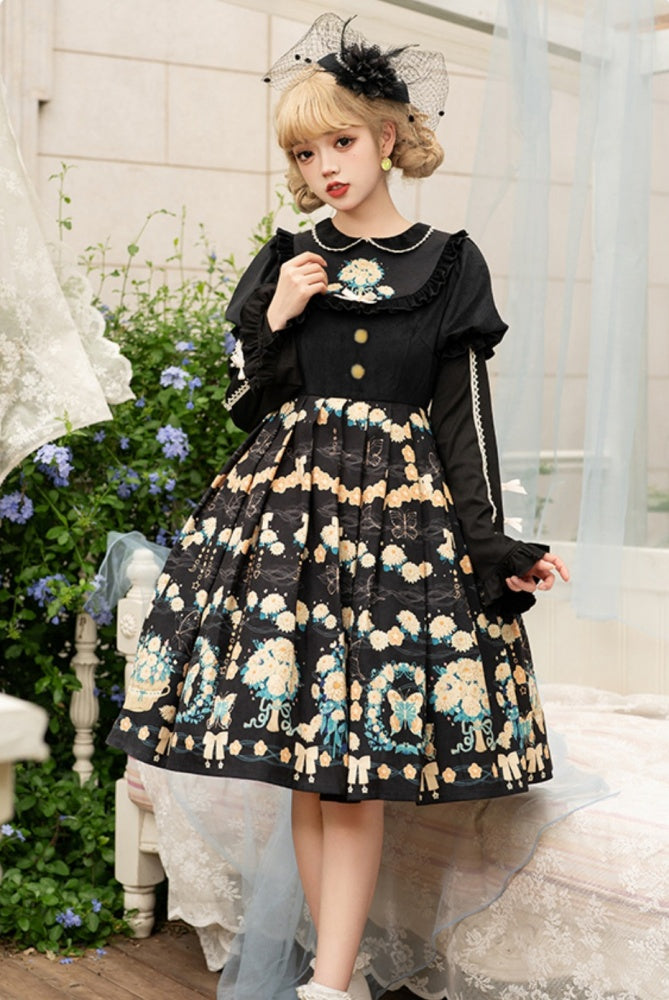 Flower Courtyard Peter Pan Collar Floral Print Pleated Skirt Long Sleeves One Piece