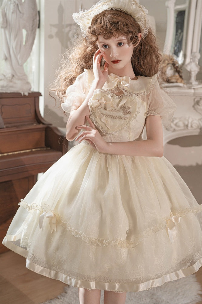 Warm Love Song Ruffle Trim Peter Pan Collar Semi-sheer Short Puff Sleeves Lolita OP