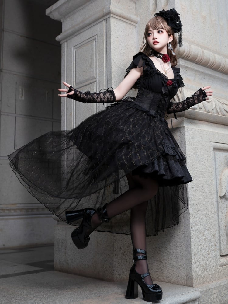 Black Ruffle Skirt with Overlay Gothic Jumper Skirt