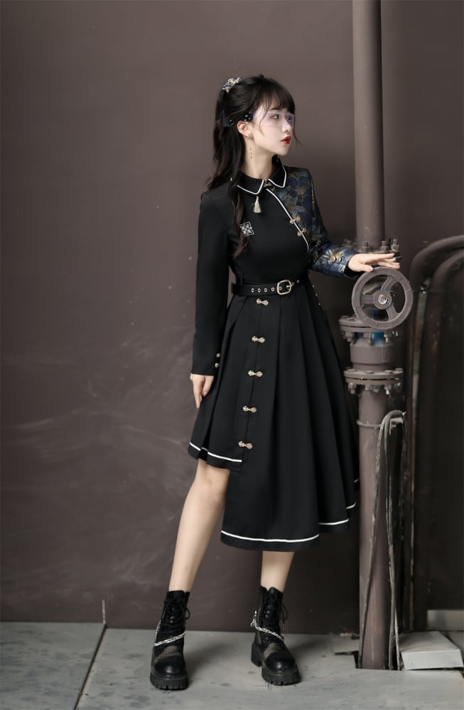 Asymmetrical Hem Skirt Black One Piece Long Sleeves Qi Dress