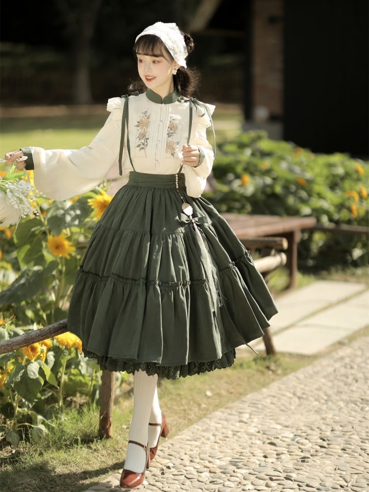 Beige Sunflowers Embroidery Blouse + Green Tiered Skirt with Sunflower Charm Set