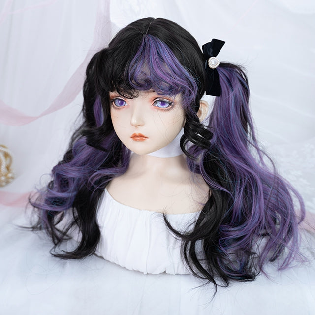 Black and Purple Highlight Hair Color Long Wavy Synthetic Wig